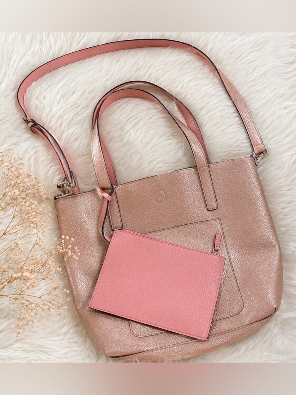 Rose Gold Tote Bag Set Blush Pink Interior Faux Leather Large Shoulder Pouch